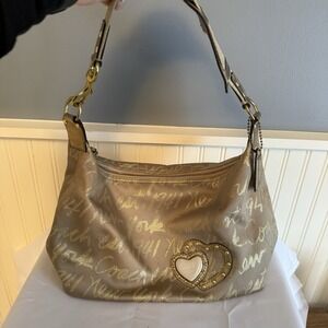 Coach Ltd Ed Poppy Lurex Script F17472 Hobo Shoulder Bag Gold Jacquard & Leather